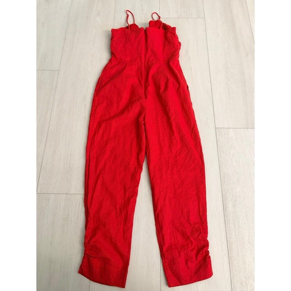 Farm Rio Cherry Red Linen Blend Jumpsuit Twist Front Cropped Leg Sz XS - Picture 2 of 7